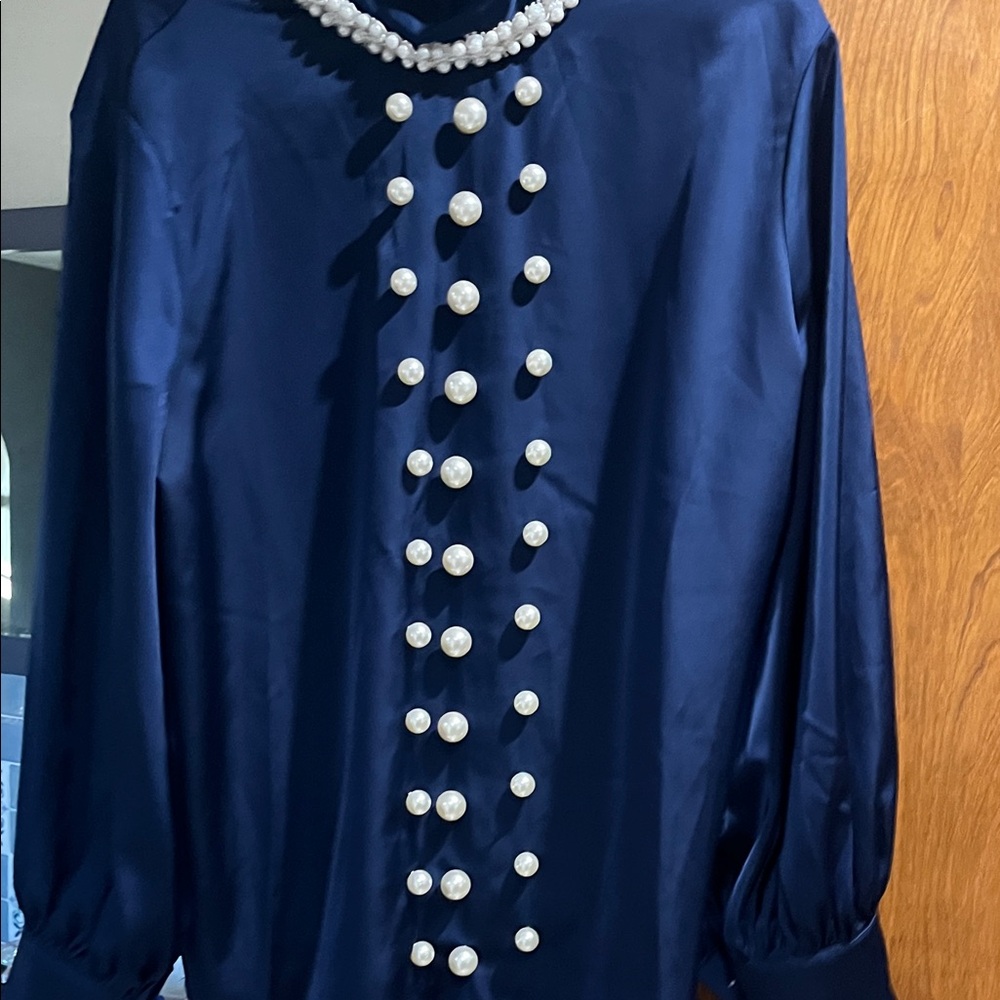 Navy Blue Pearl-Embellished Women's Top